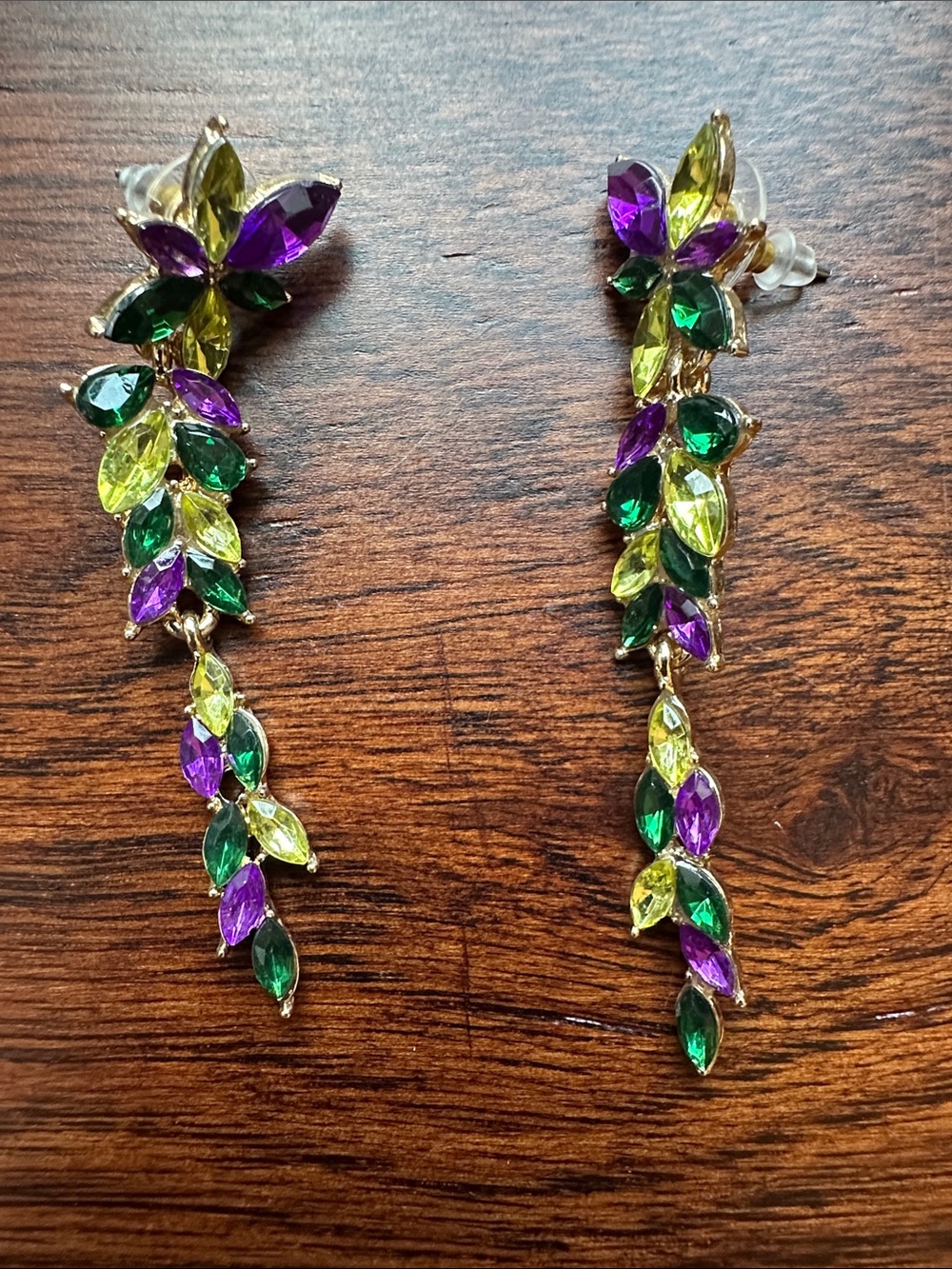 Gold-Setting Green, Purple & Yellow Crystal Drop Earrings
